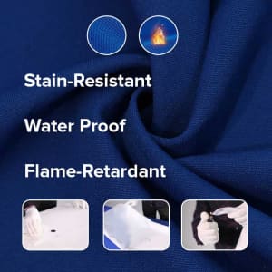 A large round fitted table cover in dark blue, featuring stain-resistant, waterproof, and flame-retardant properties.