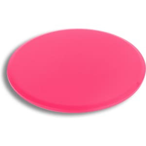 A pink yoga sliding disk with a smooth, circular design. It features a logo on its surface.