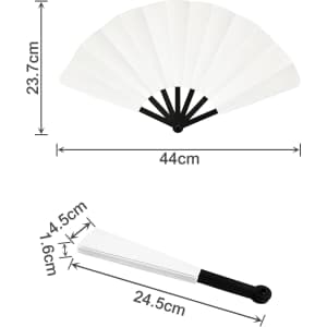 A plastic hand fan with a black handle and white blades, measuring 44 cm when opened and 24.5 cm when closed.