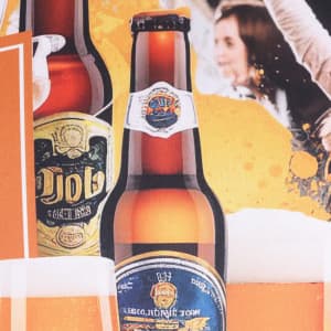 A rubber counter mat featuring two beer bottles with a vibrant orange background. The mat includes a logo.