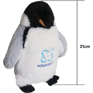 A soft, plush penguin toy in black, white, and grey, featuring a logo on its front, sized at 21 cm.