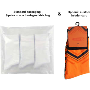 A pair of orange sports socks with a towel bottom, packaged in a biodegradable bag. The packaging includes a logo.