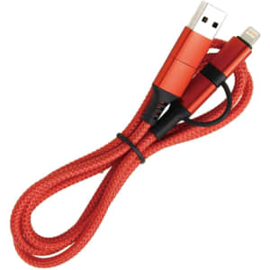 A red braided charging cable featuring a USB connector and a Lightning adapter, with a sleek design.