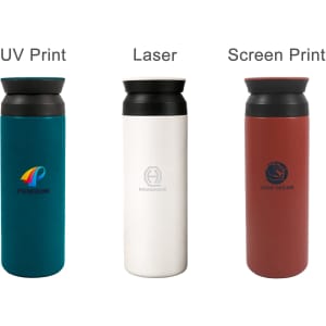 A drink bottle with a double wall design, available in teal, white, and red, featuring a black lid and branding.