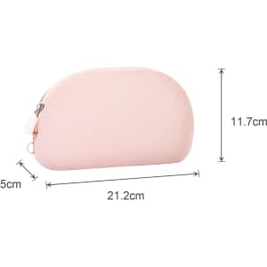 A pink silicone organiser pouch with a rounded shape, featuring dimensions of 21.2cm x 11.7cm x 5cm.