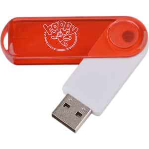 A transparent swivel flash drive in red and white with a logo on the surface.