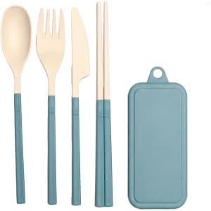 A set of travel utensils in teal, including a spoon, fork, knife, and chopsticks, with a matching case.
