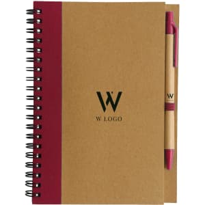 A kraft notebook with a maroon accent and a ballpoint pen attached, featuring a logo on the cover.
