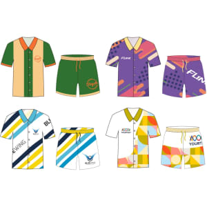 A variety of colourful men's button-up shirts with matching shorts, featuring different patterns and designs.