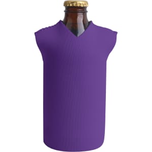 A drink bottle is shown wrapped in a vibrant purple bottle cooler with a V-neck design and a metallic cap.