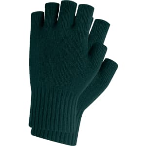Green fingerless gloves made from a plain knitted material, featuring a ribbed cuff.