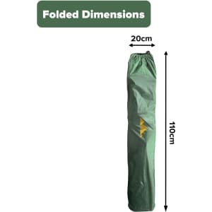 A folded green camping chair in a carry bag, displaying dimensions of 20cm x 110cm. The bag features a logo.