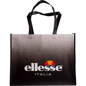A laminated non-woven trade show bag in black with a gradient design and a logo on the front.