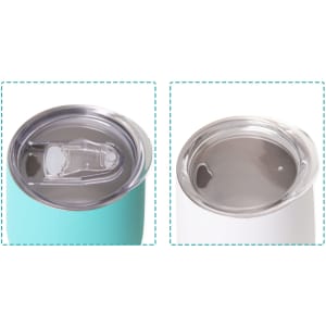 A double wall egg-shaped coffee cup in turquoise and white with a metal lid, featuring a logo.