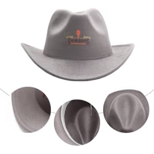 A classic felt fedora cowboy hat in grey, featuring a decorative logo. The hat has a wide brim and a rounded crown.