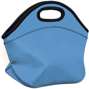 A light blue neoprene lunch bag with a black trim and handles, featuring a simple design and flexible shape.
