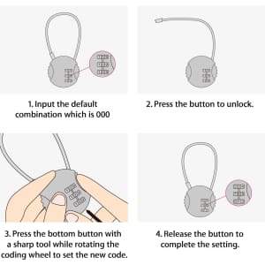 A metal coded lock with a combination dial, featuring a grey body and a cable, illustrating setup instructions.