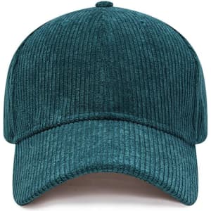 A teal corduroy baseball cap with a structured crown and curved brim, featuring a logo on the front.