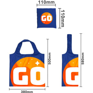A foldable shopping bag in blue and orange, featuring a logo and dimensions displayed. It is compactly folded.
