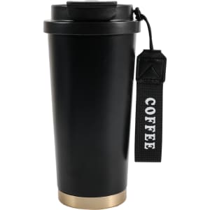 A stainless steel coffee mug with a double wall, featuring a black body and gold base, and a coffee-themed strap.