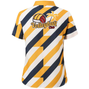 A button-up women's shirt in navy, yellow, and white with a volleyball design and a palm tree. It features a logo.