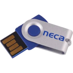 A silver and blue Mini Belton flash drive with a swivel design and a logo on the side.