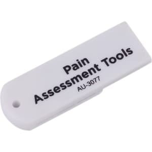 A white flash drive with a rounded edge and a branding logo, featuring printed black text.