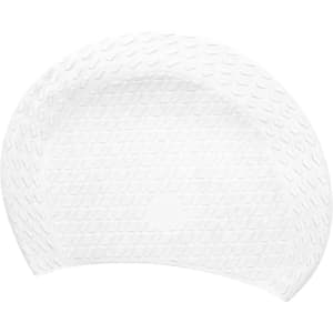 A white silicone swimming cap with a textured surface featuring cube grain patterns and a logo.