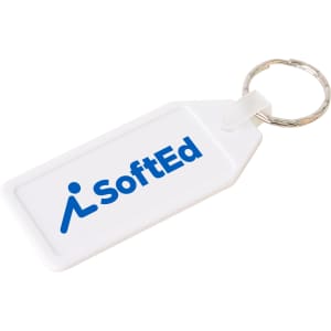 A long hexagon hard plastic keyring in white with a keychain attachment and a logo.