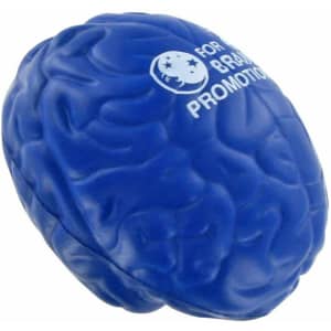 A blue brain-shaped stress reliever with a logo on it, designed for stress relief and relaxation.