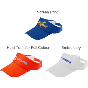 A collection of three visors in blue, orange, and white, featuring various branding and styles.