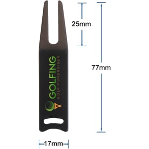 A black golf divot tool with a logo, measuring 77mm by 25mm. It has a forked end for repairing greens.