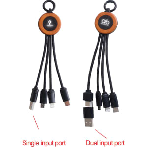 A round, light-up charging cable featuring multiple connectors in black and silver, with a branding logo.