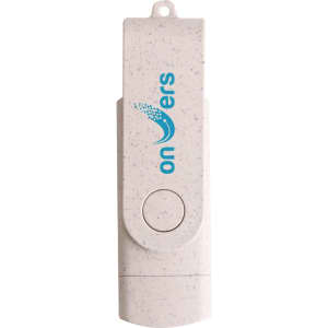 A double-end eco swivel Type C flash drive in light grey, featuring a circular button and a logo.