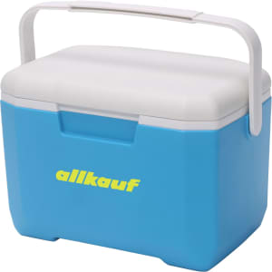 A blue and white 6L cooler box with a handle and a logo on the front.