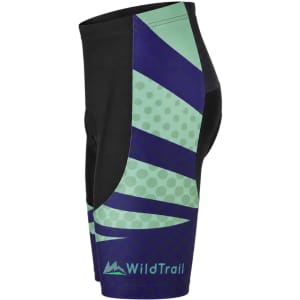 Men's cycling shorts in black with green and purple design elements and a logo on the lower front.
