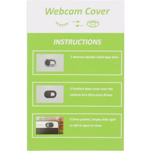 A compact, black webcam cover in a green instructional card, featuring a logo and illustrated steps for use.