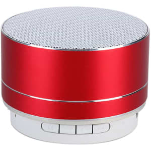 A red metal Bluetooth speaker with a silver mesh top and control buttons on the base.