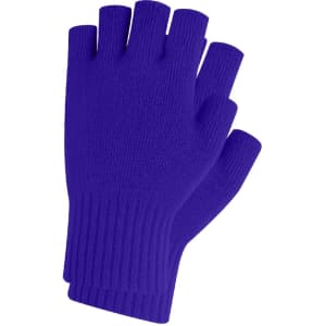 Purple fingerless gloves with a ribbed cuff and woven label, designed for kids.