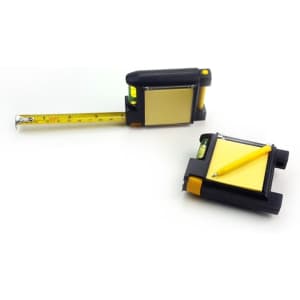 A multifunctional tape measure in black and yellow, with a retractable tape and built-in level, includes a pencil.