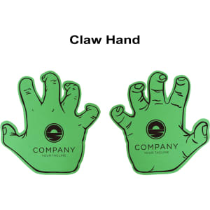 A green foam mitt shaped like a claw hand, featuring a logo on the palm. Two mitts are displayed.