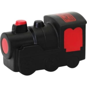 A black and red locomotive-shaped stress reliever with buttons and a logo on one side.