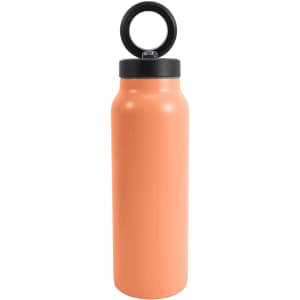 A drink bottle in pastel orange with a black lid and a magnetic phone holder on top.