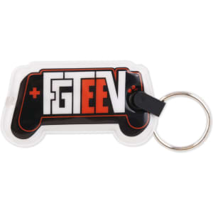 A PVC LED keyring in the shape of a game controller, featuring black and red colours with a metal ring.