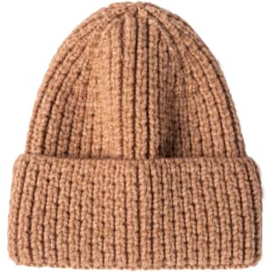 A twisted cable cuffed beanie in a warm brown colour, featuring a ribbed texture and a folded cuff.