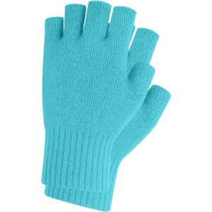 A pair of turquoise fingerless gloves with ribbed cuffs, featuring a woven label.