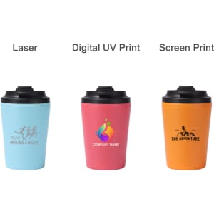 A drink bottle featuring three colourful powder-coated stainless steel coffee mugs with various logos and designs.