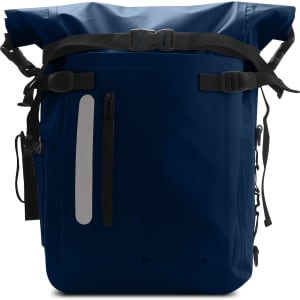 A waterproof roll-top backpack in navy, featuring adjustable straps and exterior pockets. It has a logo on the front.