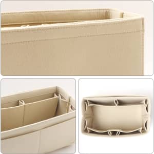A cream felt bag organiser features multiple compartments for convenient storage. It has a logo on one side.