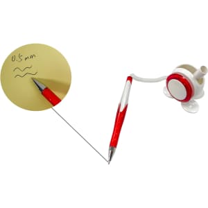 A red and white signature pen with a retractable design, featuring a spool for extended reach.